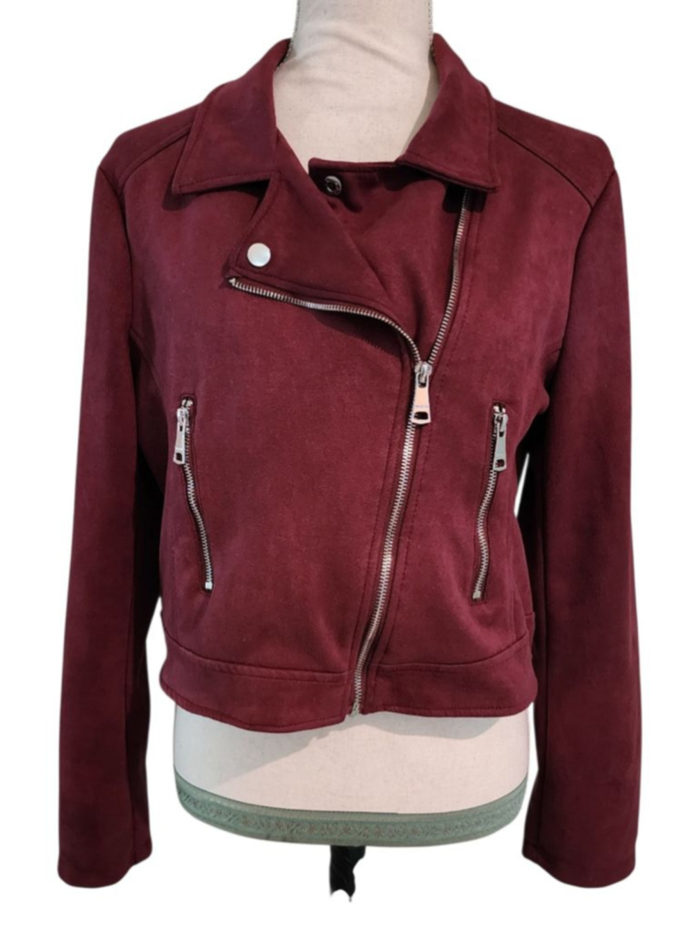 VIGOSS Maroon Faux Suede Moto Jacket Womens M Cropped Biker Asymmetrical Zip